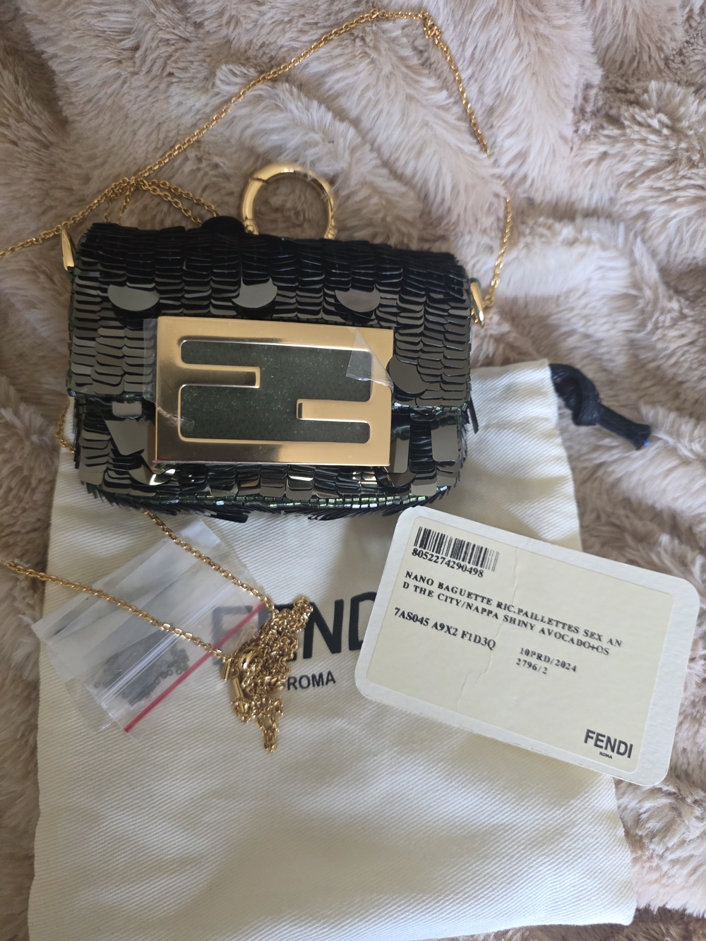 Fendi Nano Baguette Sequin Charm Mini Bag Avocado Color